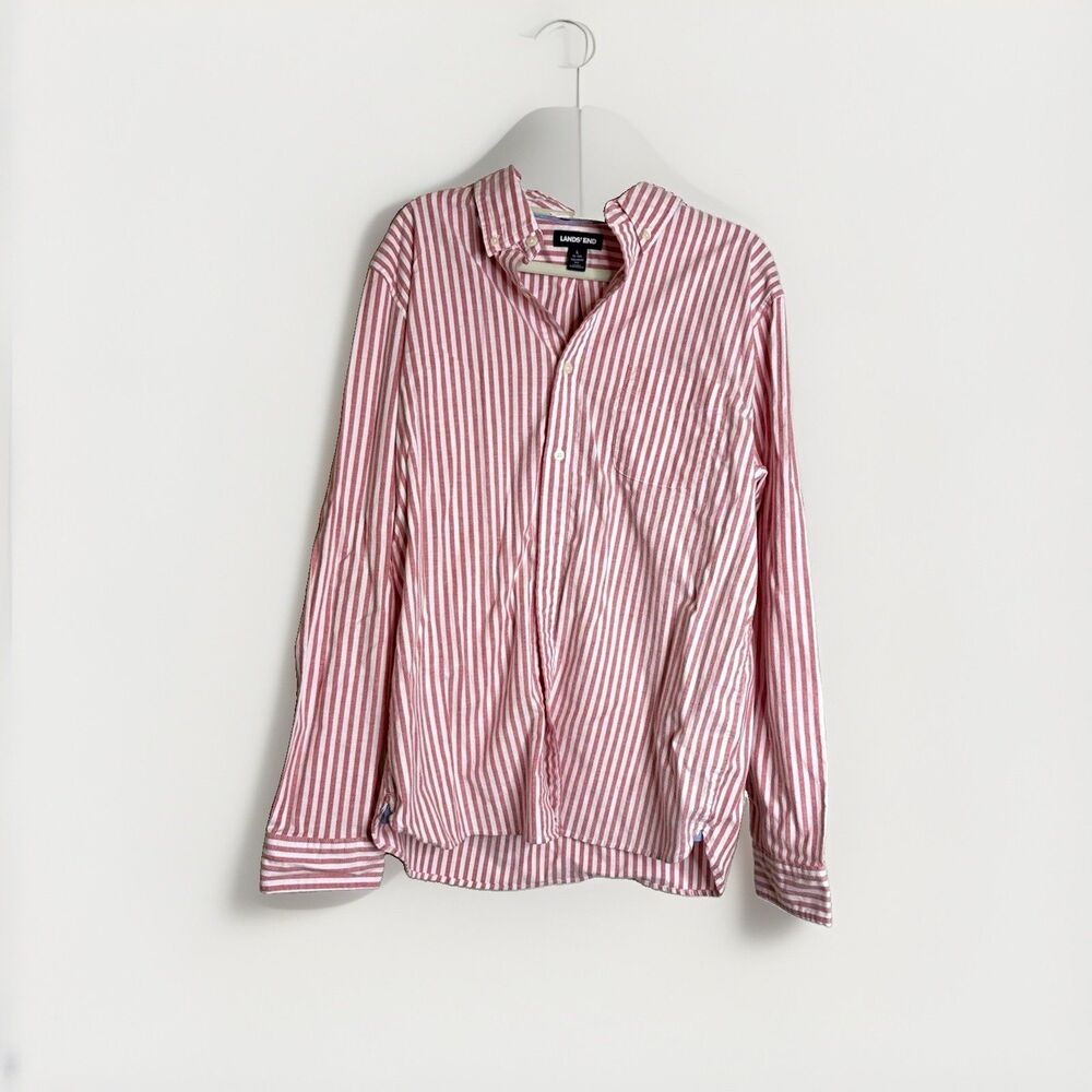 Lands' End Dress Shirt Mens L Tailored Fit 16-16.5 L/S Red White Stripe BD